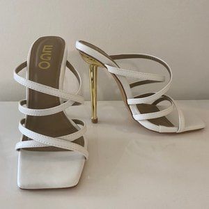 NWT - EGO - Flaunting Cross Strap Square Toe Metallic Heel Mule (White)